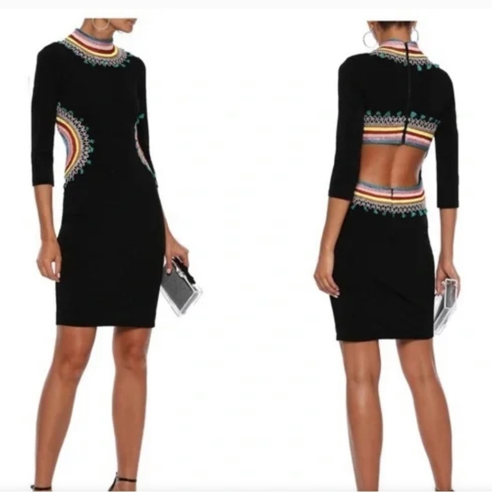 Alice + Olivia Black Midi Dress with Multicolor Embroidered Accents